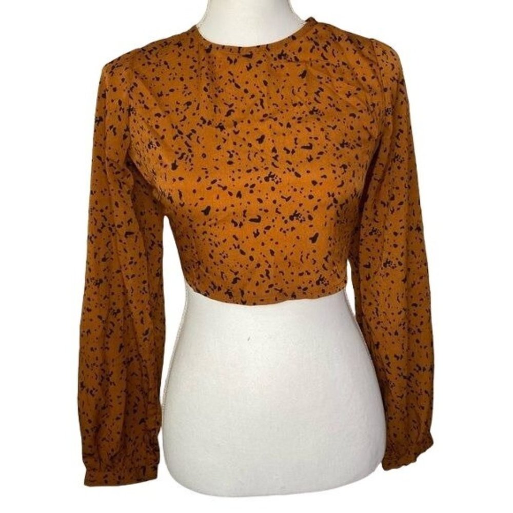 Nasty gal women’s long sleeve crop top open back tie closure brown black size 6